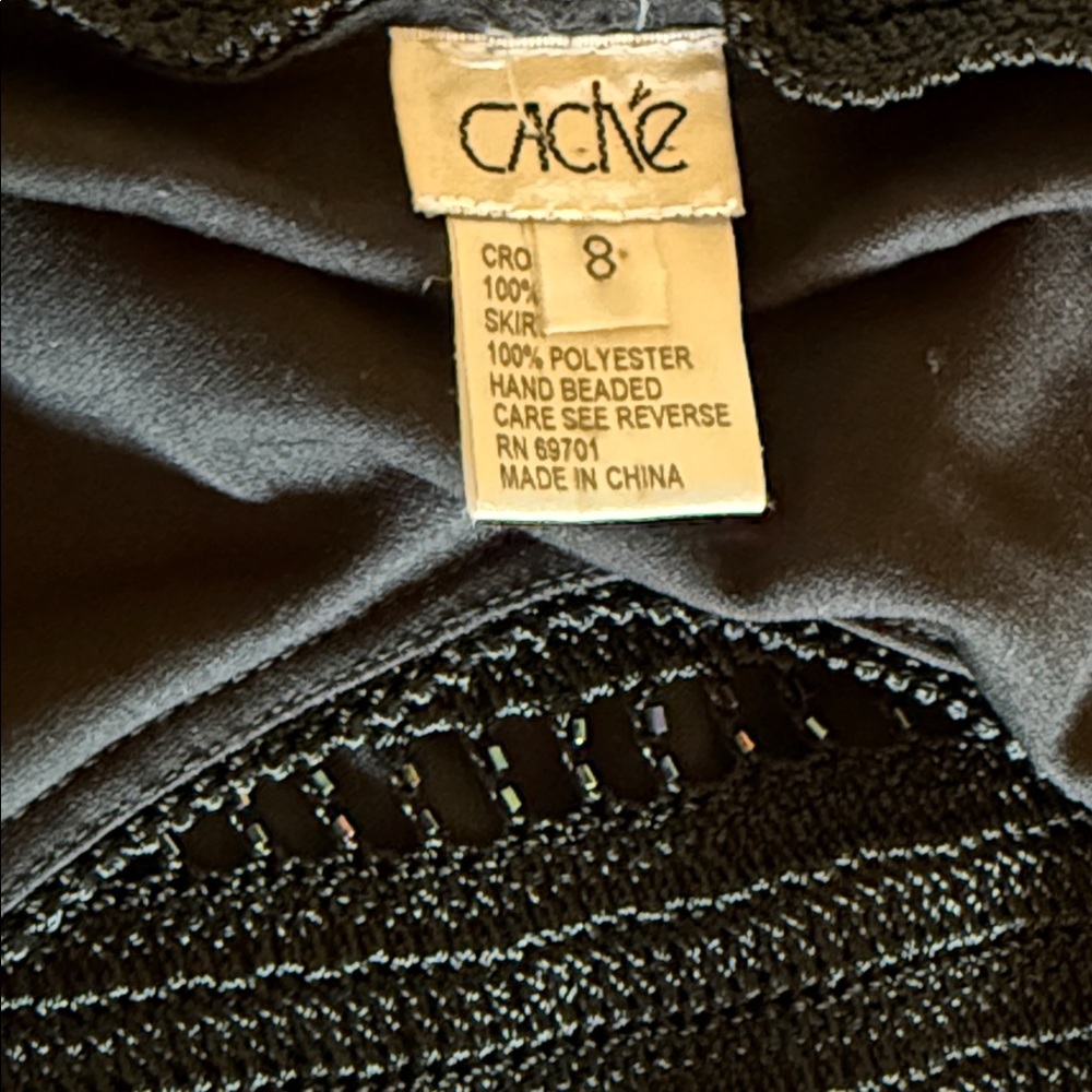 Vintage Caché Black Crochet Beaded Dress Sz 8 Whimsigoth Y2K Asymmetrical Midi - Picture 8 of 17